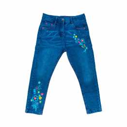 "Stylish Girl's Embroidery  Denim Full Pants Navy Blue"